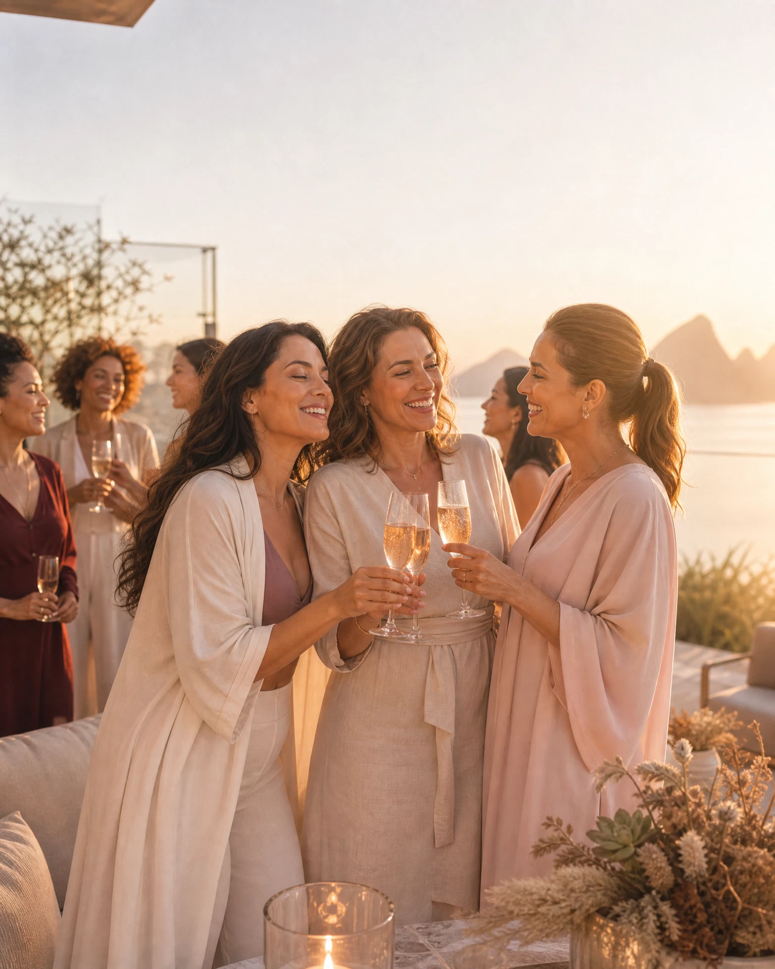 Comunidade feminina celebrando ao pôr do sol, representando o evento CELEBRATE